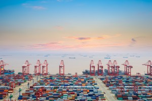 container wharf at dusk