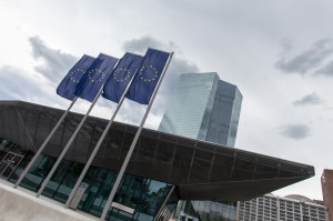 new european central bank in frankfurt germany with europe flags