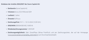 Eckdaten der Anleihe Score Capital 2024/27