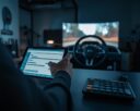 Fahrschul-Simulator und Lenkrad in modernem Trainingsraum als Symbol für digitale Ausbildung.