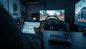 Fahrschul-Simulator und Lenkrad in modernem Trainingsraum als Symbol für digitale Ausbildung.