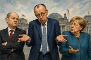 Die GroKo-Darsteller der vergangenen zwei Jahrzehnte unter sich - AI-generiert